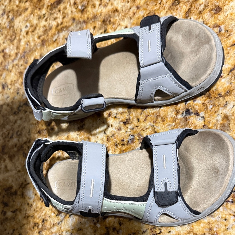 Camel women’s Sandals in Gray Leather. Call Mary for walking long distance hikes